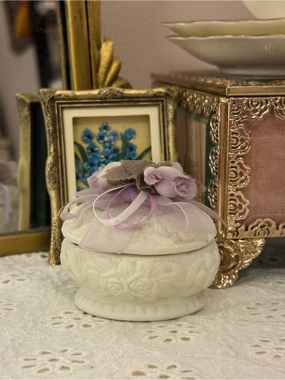 Ivory Floral Ceramic Trinket Box with Lavender Ribbon
